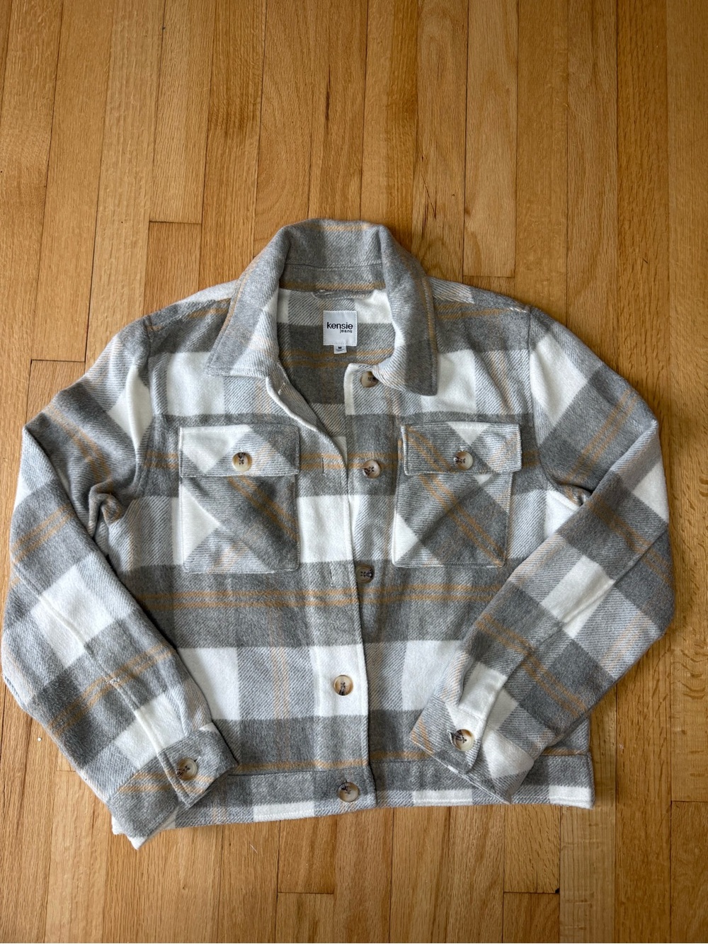 Kensie Jeans Plaid Button-Up Shacket in Cream, Gray & Tan